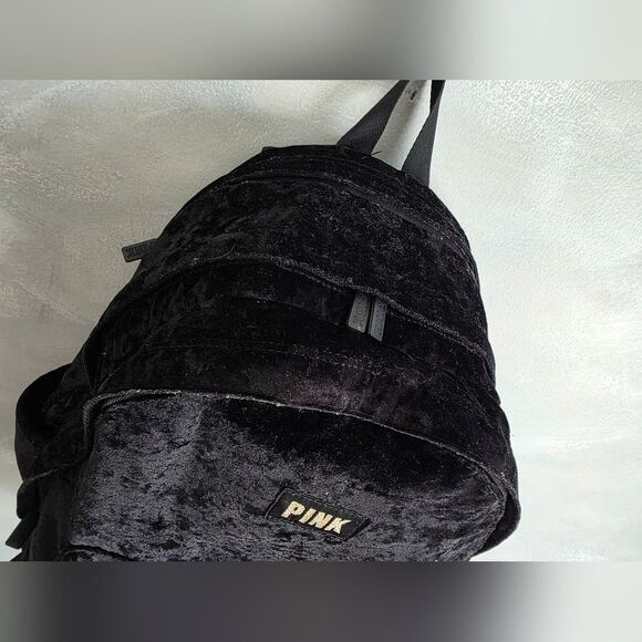 Victorias Secret Pink Logo Velvet Large Campus Backpack Bookbag Black Full Size - Picture 3 of 14